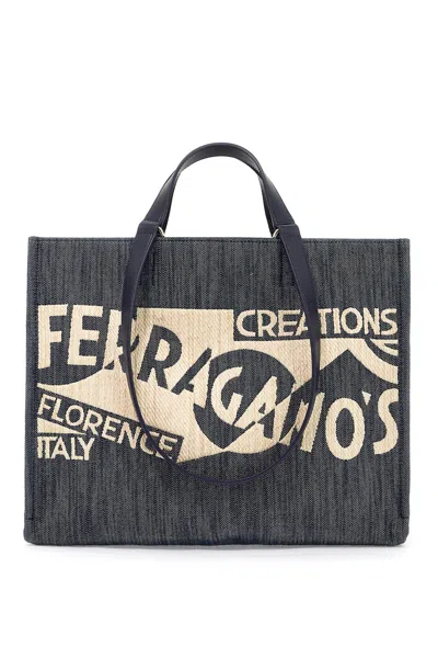 Ferragamo Archive Logo Denim Tote (m) In Tan