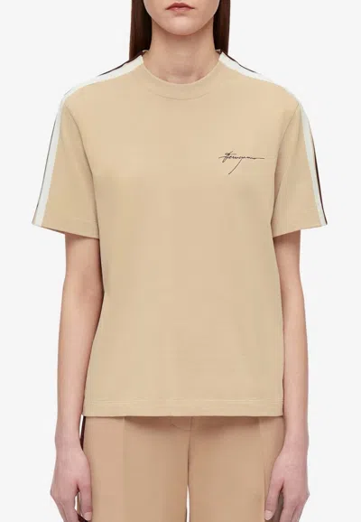 Ferragamo Logo-embroidered Cotton T-shirt In Beige