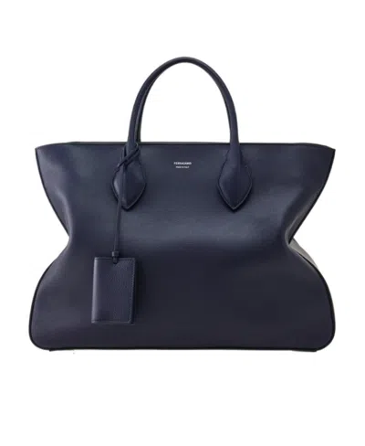Ferragamo Large Calfskin Tote Bag In Black