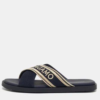 Pre-owned Ferragamo Logo Size 45 Navy Blue Canvas Criss Cross Slide Sandals