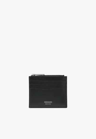 Ferragamo Logo Stamp Leather Cardholder In Black