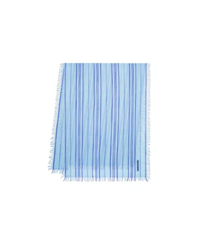 Ferragamo Logo Striped Wool Scarf In Blue