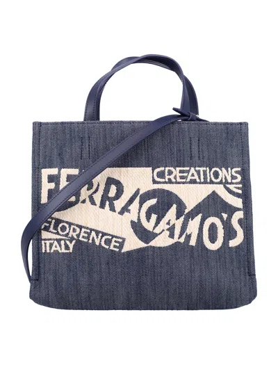 Ferragamo Logo Tote Bag In Denim Natural + Midnight