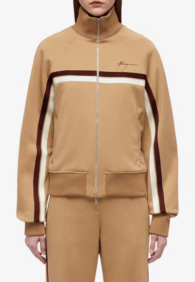 Ferragamo Logo-embroidered Striped Track Jacket In Beige