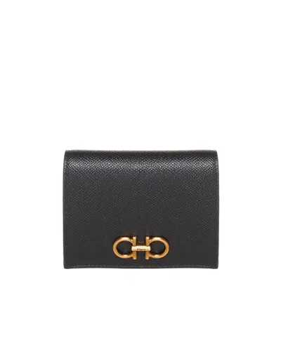 Ferragamo 'gancini' Black Wallet With Button Closure
