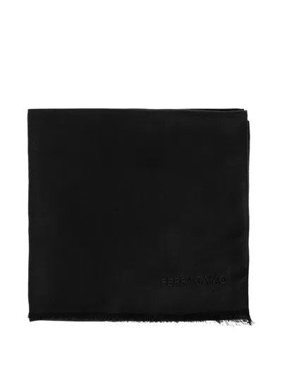 Ferragamo Logo-embroidered Frayed Scarf In Black