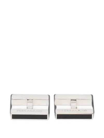 Ferragamo Logo-engraved Rectangle Cufflinks In Metallic