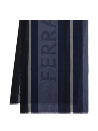 Ferragamo Logo-print Striped Scarf In Blue