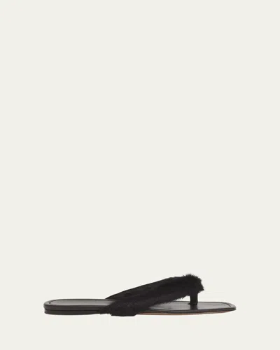 Ferragamo Loly Fur Leather Thong Sandals In Black