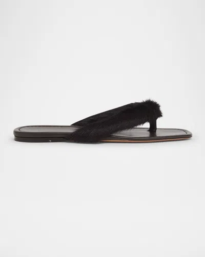 Ferragamo Loly Fur Leather Thong Sandals In Black
