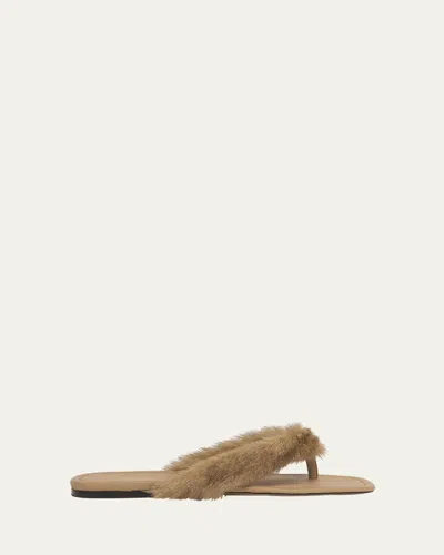 Ferragamo Loly Fur Leather Thong Sandals In Brown