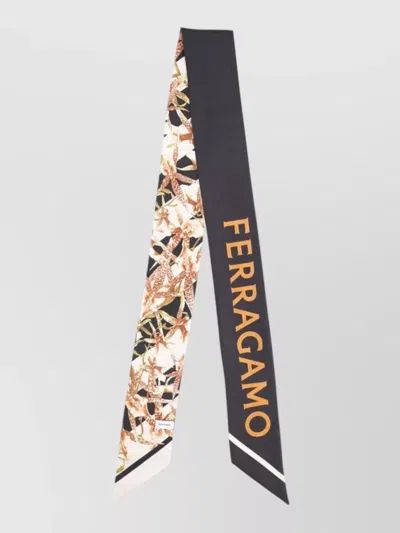 Ferragamo Long Bloom Print Silk Bandeau Scarf In Black