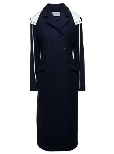Ferragamo Long Blue Coat With Contrasting Detachable Hood In Wool Woman