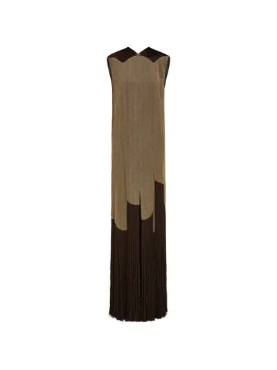 Ferragamo Long Dress With Fringe Detail In Green