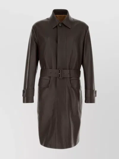 FERRAGAMO LONG LEATHER TRENCH COAT WITH BELTED WAIST