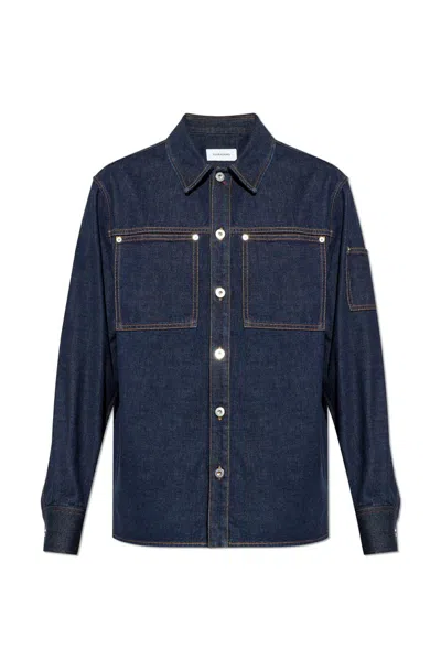 Ferragamo Long-sleeved Denim Shirt In Navy
