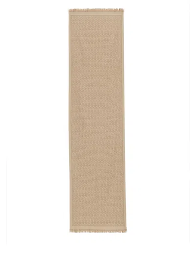 Ferragamo Long Rectangular Scarf With Interlocking Pattern And Fringed Edges In Neutral