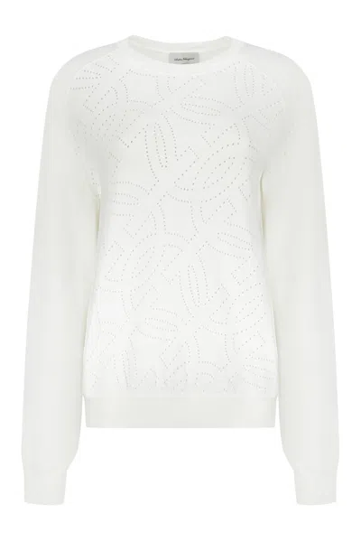 Ferragamo Long Sleeve Crew-neck Sweater In White