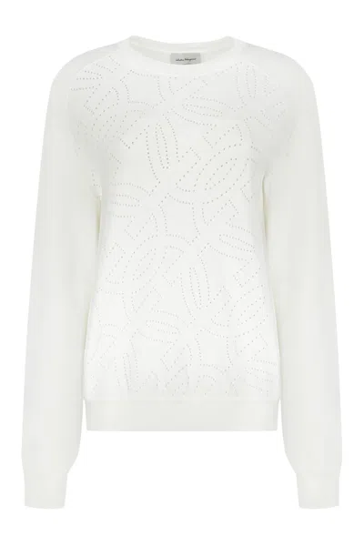 Ferragamo Long Sleeve Crew-neck Sweater In White