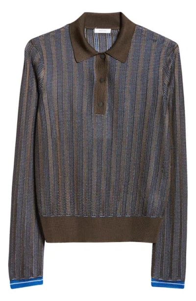 Ferragamo Long Sleeve Jacquard Polo Sweater In Expresso/cobal