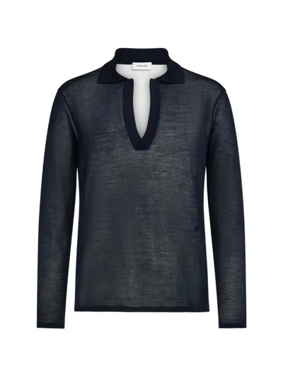 Ferragamo Long Sleeve Knitted Silk Polo Shirt In Blue