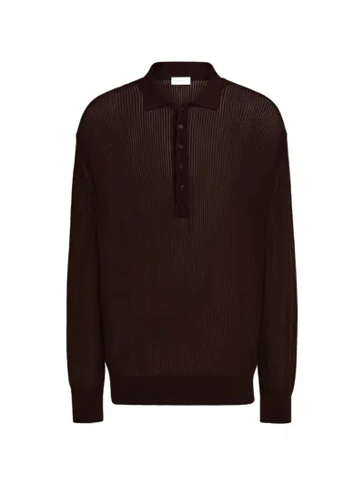 Ferragamo Long Sleeve Knitted Silk Polo Shirt In Brown