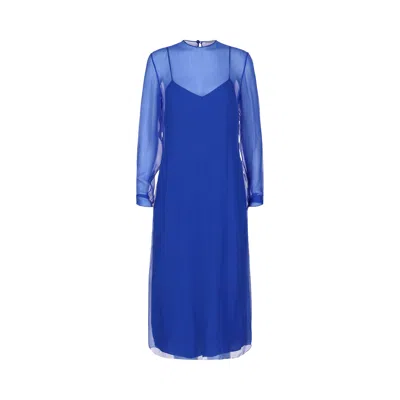 Pre-owned Ferragamo Long-sleeve Silk Mousseline Midi Dress 'blue' | Women's Size 38