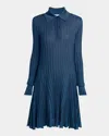 Ferragamo Long-sleeve Wide Rib Mini Skater Dress In Blue