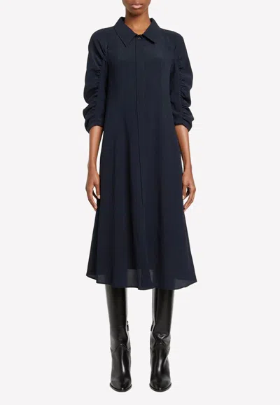 Ferragamo Long-sleeved Crepe Midi Shirt Dress In Navy