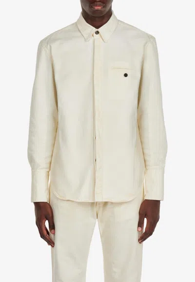 Ferragamo Long-sleeved Denim Shirt In Ecru
