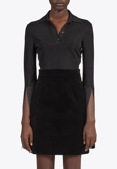 Ferragamo Long-sleeved Fringe Polo T-shirt In Black