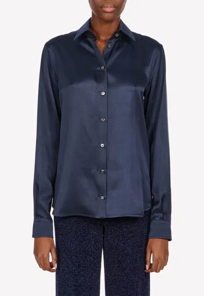 Ferragamo Long-sleeved Silk Satin Shirt In Navy