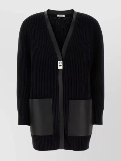 Ferragamo Long V-neck Ribbed Cardigan With Front Pockets In Black