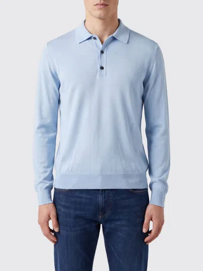 Ferragamo Long-sleeve Knit Polo Shirt In Silk And Cotton Blend In Blue