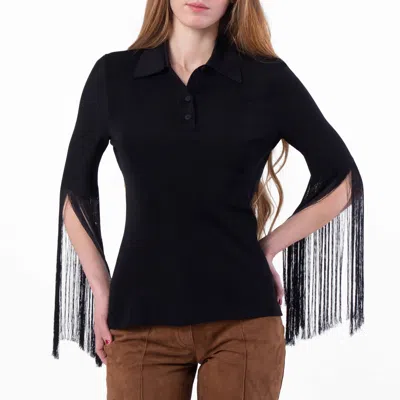 Ferragamo Long-sleeved Fringe Polo Shirt In Black