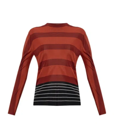 Ferragamo Long-sleeved Striped Knit Sweater In Brown