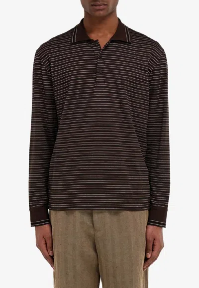 Ferragamo Long-sleeved Striped Polo T-shirt In Brown