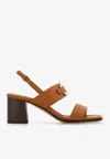Ferragamo Gancini Logo Calfskin Slingback Sandals With A Block Heel In Brown