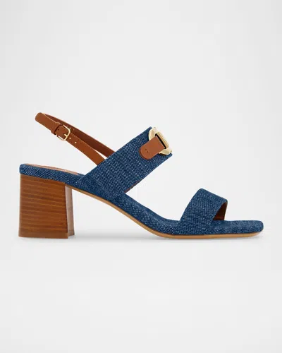 Ferragamo Lou Denim Gancio Slingback Sandals In Blue