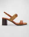 Ferragamo Lou Raffia-trimmed Embellished Leather Slingback Sandals In Cognac