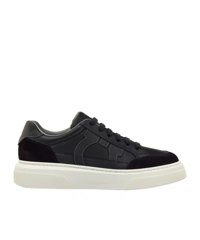 Ferragamo Low Top Sneaker With Gancini Ornament In Black