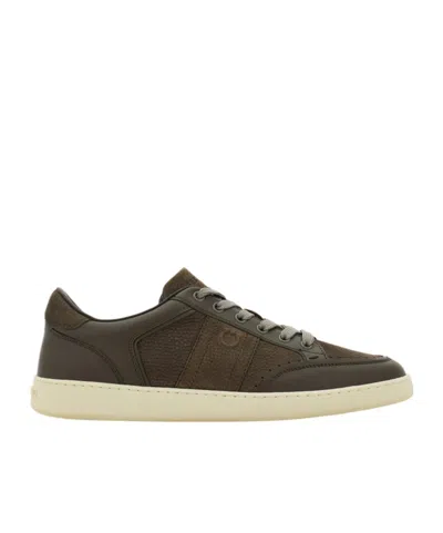 Ferragamo Gancini Grained-leather Sneakers In Brown