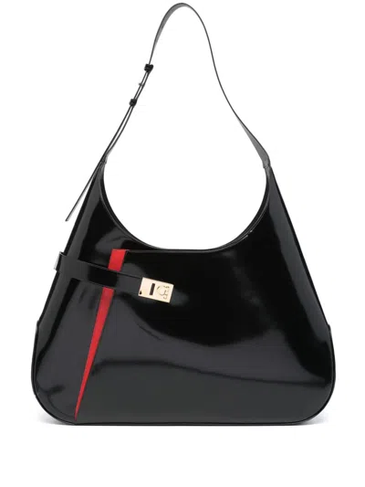Ferragamo Luxurious Black Leather Handbag With Adjustable Shoulder Strap In Metallic