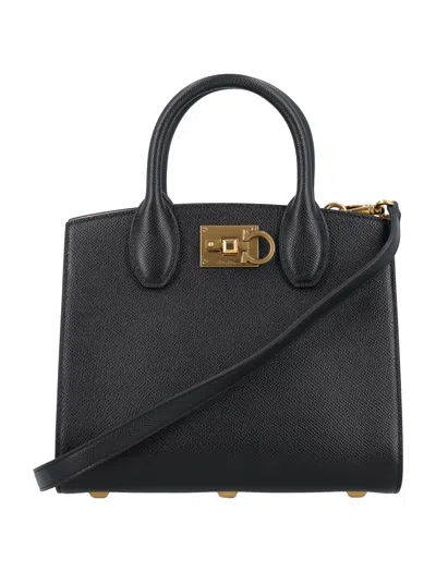 Ferragamo Luxurious Leather Top-handle Handbag For Women With Functional Design In Metallic
