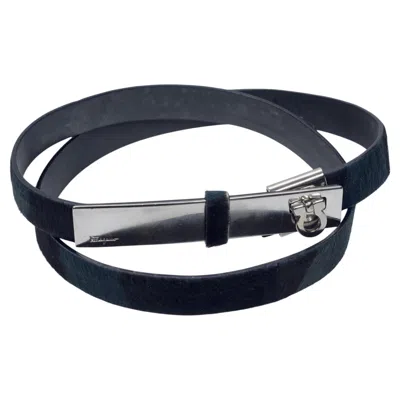 Pre-owned Ferragamo Luxurious Pony Hair Belt With Single Adjustable Silver Gancini Buckle In Black