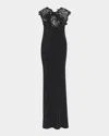 Ferragamo Macrame Lace Crepe De Chine Gown In Black