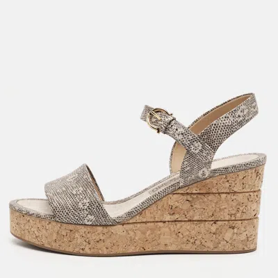 Pre-owned Ferragamo Madea Size 39.5 Brown Lizard Embossed Leather Cork Wedge Sandals