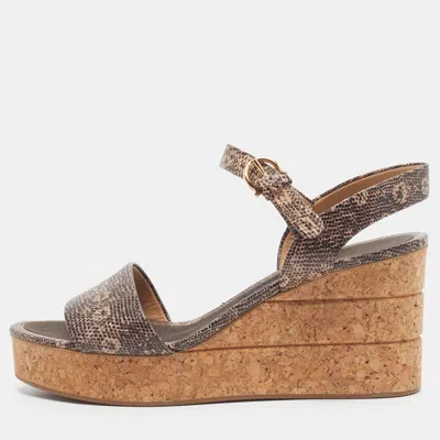 Pre-owned Ferragamo Madea Size 40.5 Brown Lizard Embossed Leather Cork Wedge Sandals