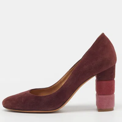Pre-owned Ferragamo Madia Size 37.5 Burgundy Suede Block Heel Pumps