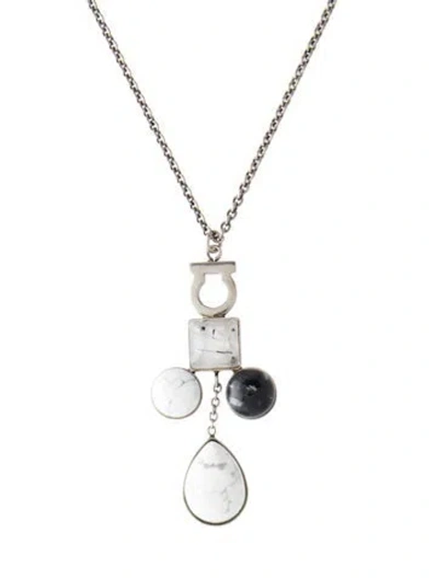 Pre-owned Ferragamo Magnesite, Tourmalinated Quartz & Snowflake Obsidian Pendant Necklace, 16.5" In Multi